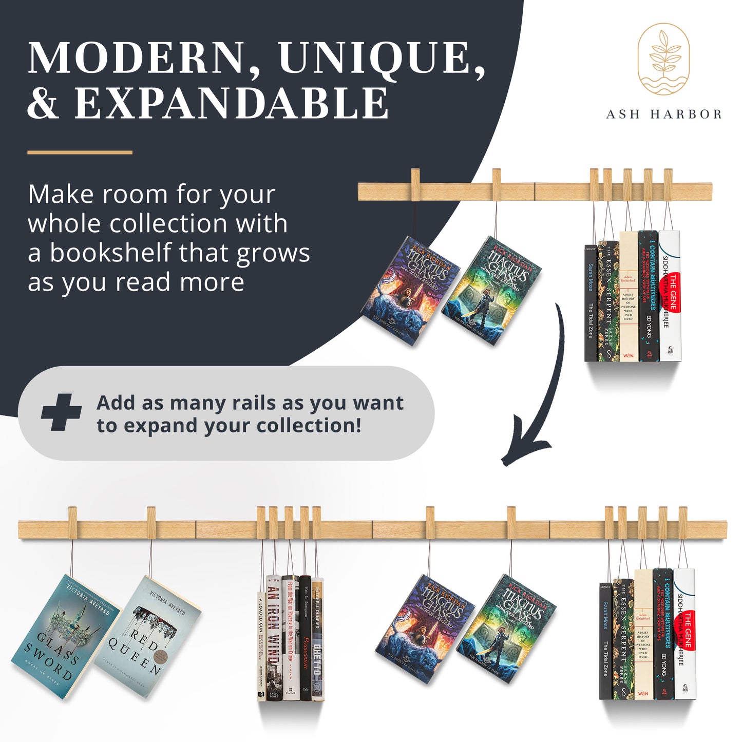 Hanging Book Shelf Rail System - Natural Finish